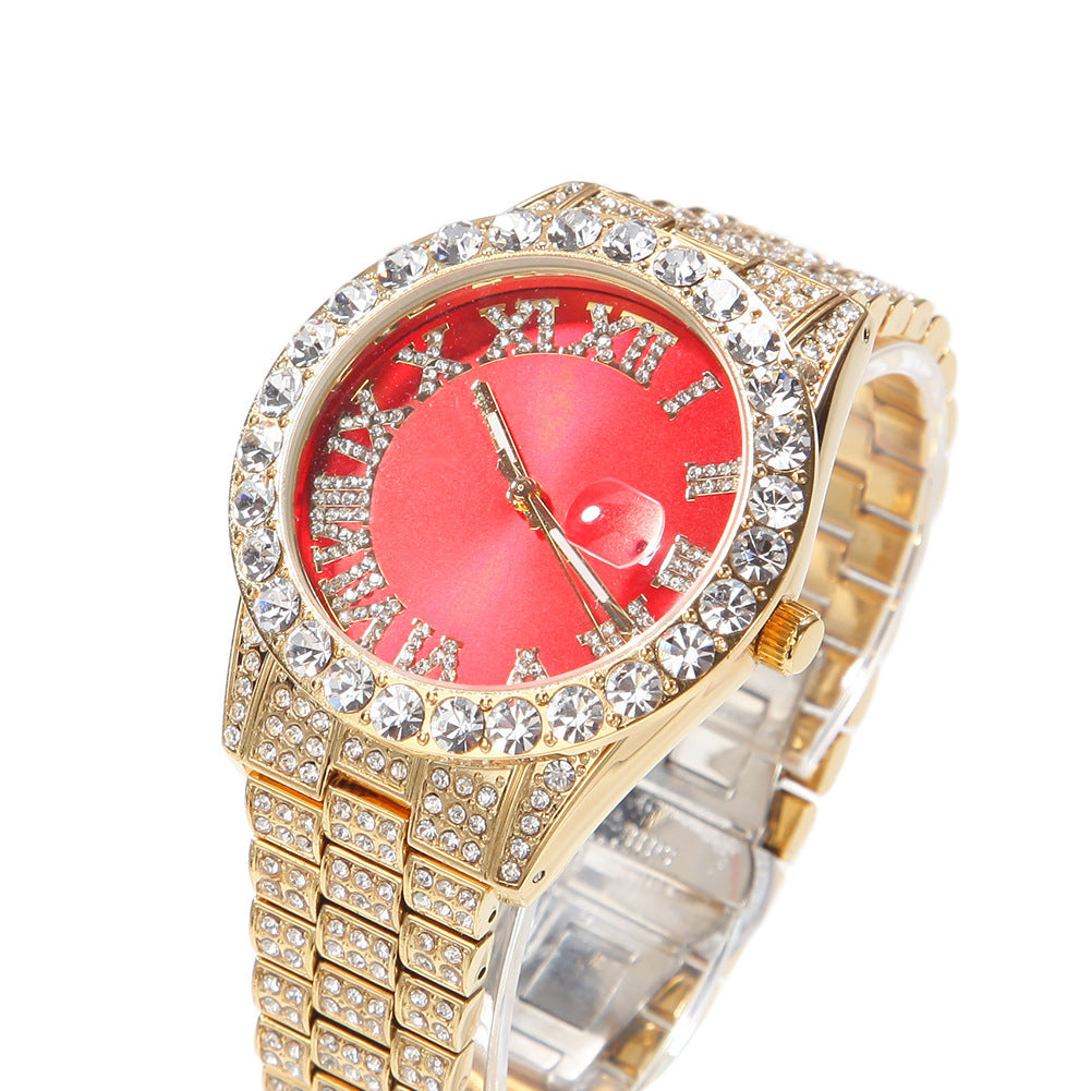 Hip-hop watch with Roman numerals and diamonds, large dial