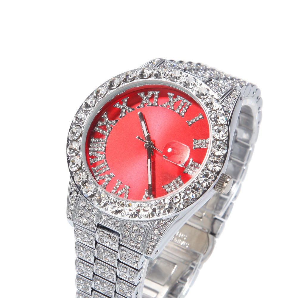 Hip-hop watch with Roman numerals and diamonds, large dial