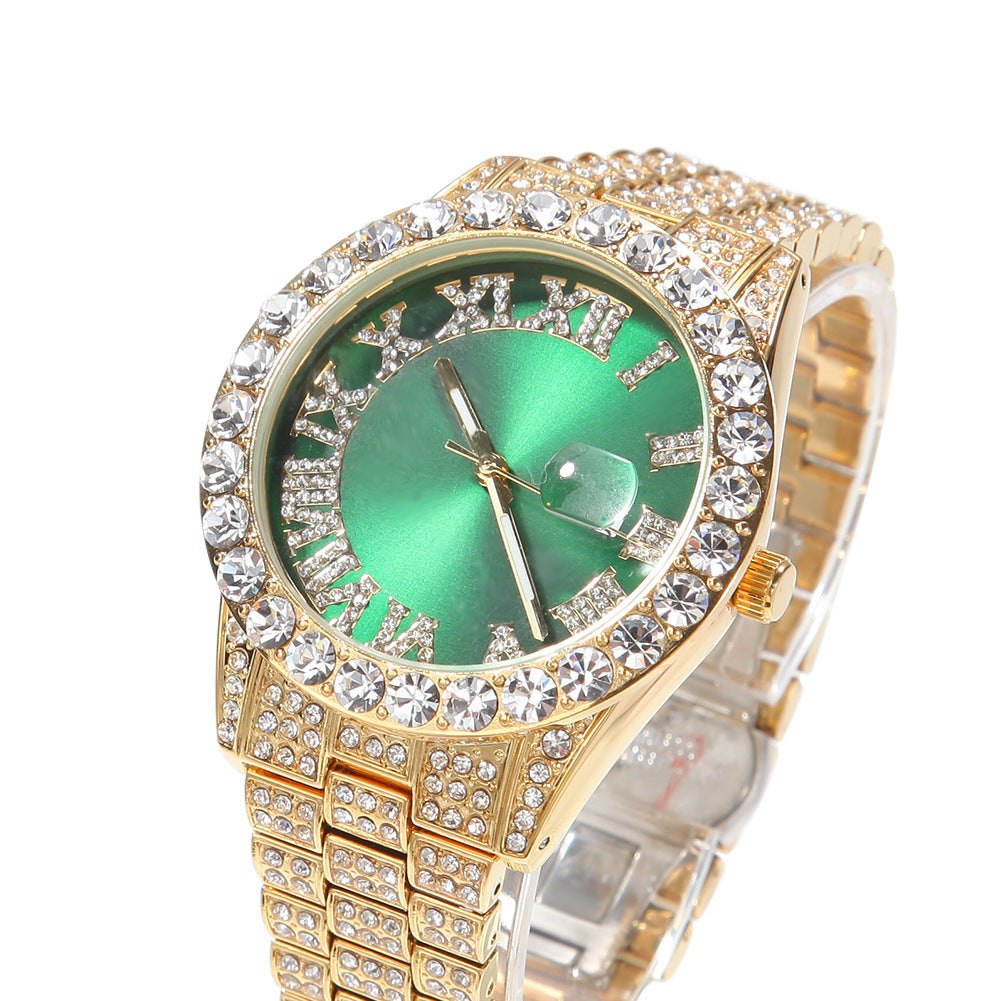 Hip-hop watch with Roman numerals and diamonds, large dial