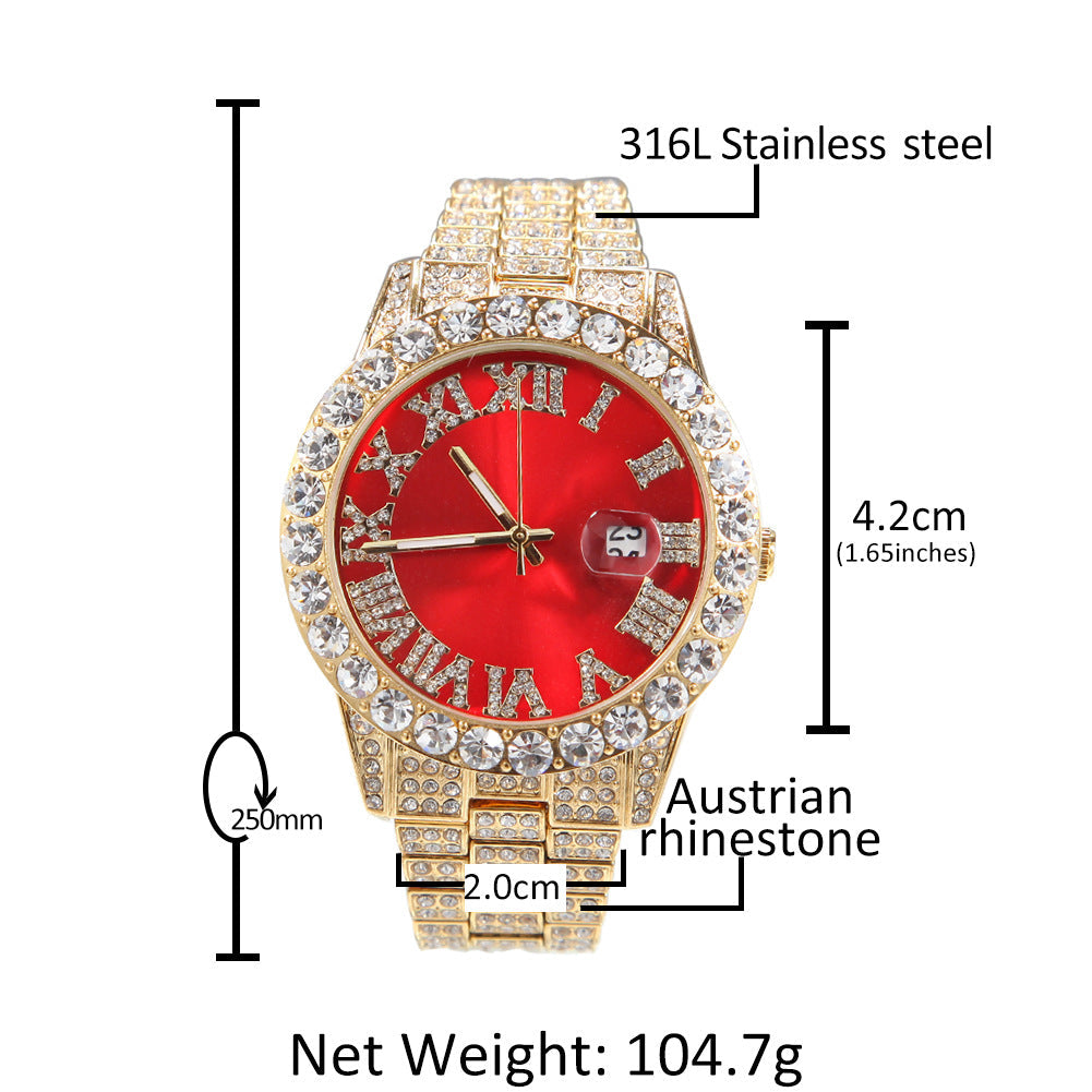 Hip-hop watch with Roman numerals and diamonds, large dial