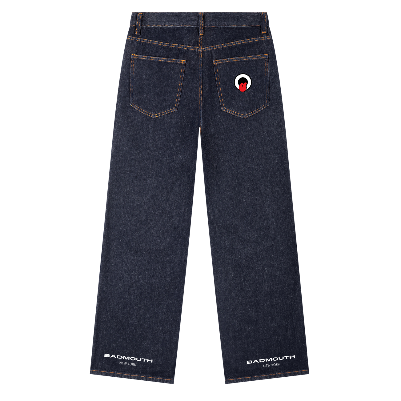 Dark blue jeans with a logo on the pocket against a white background