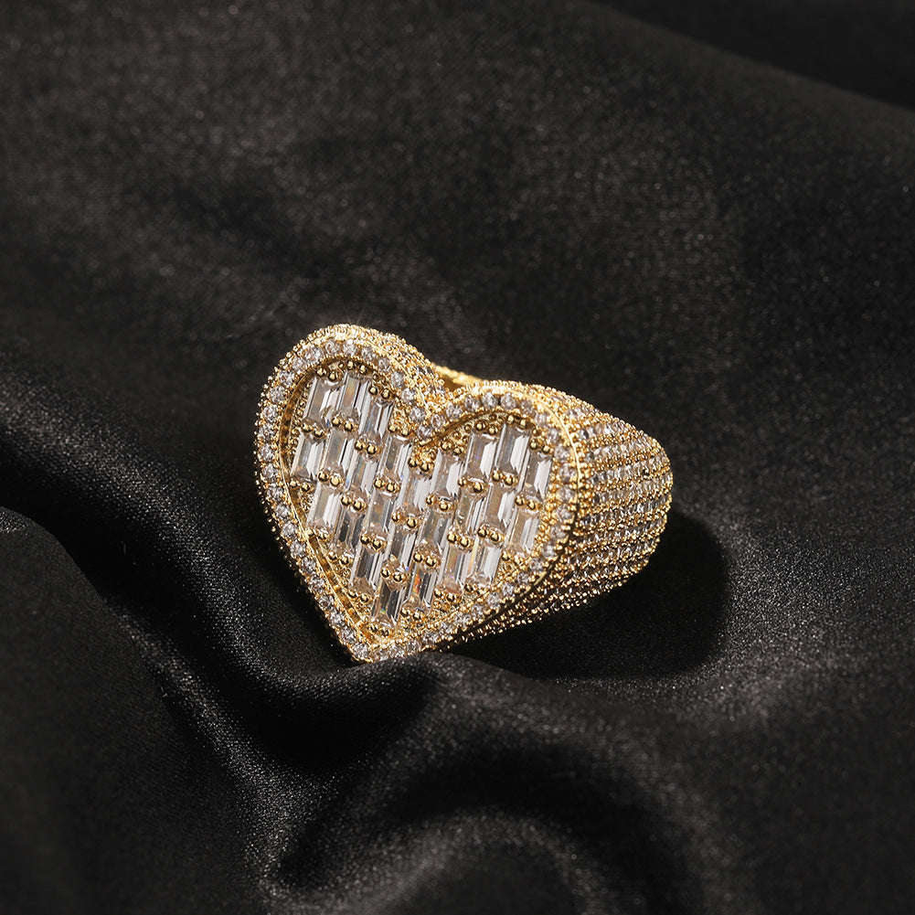 Hip-hop T-square heart-shaped zircon ring