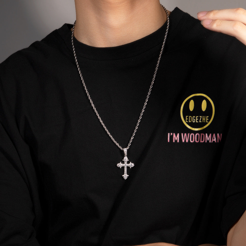 Hip-Hop Diamond-Encrusted Zircon Cross Necklace