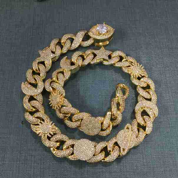 Hip-hop zircon-encrusted sun, star and eye necklace