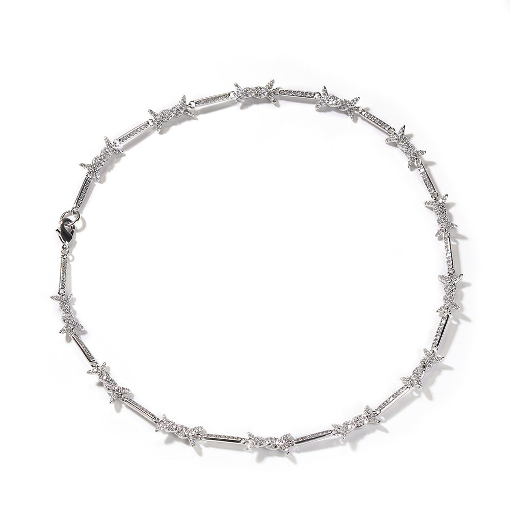 Hiphop zircon-encrusted barbed wire necklace