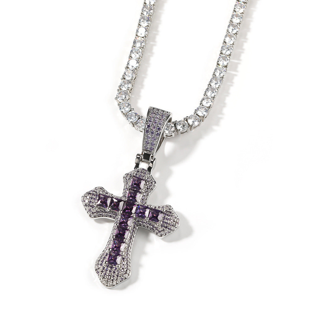 Hip-hop copper-inlaid purple zircon cross necklace
