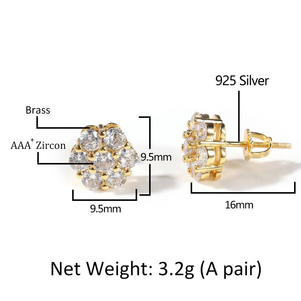 Hip Hop diamond-encrusted 925 silver stud earrings