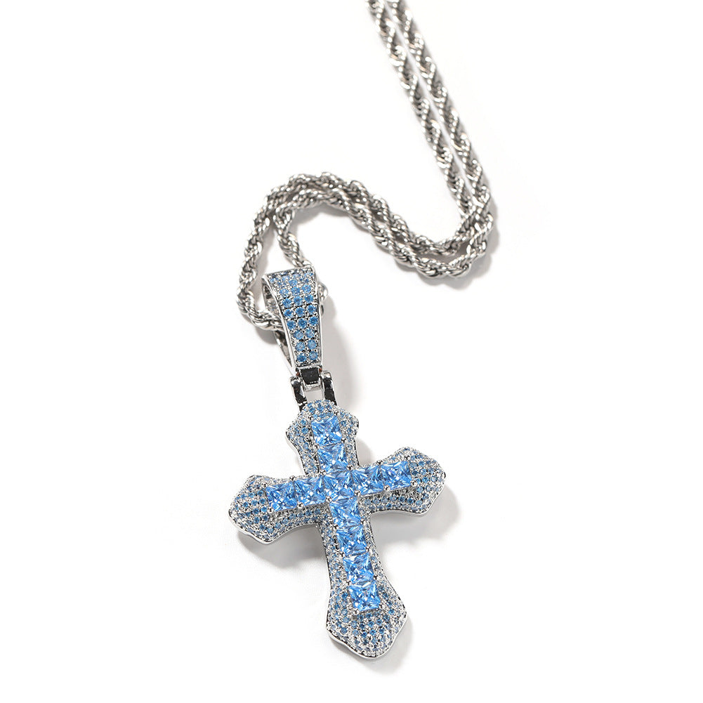 Hip-hop copper-inlaid purple zircon cross necklace