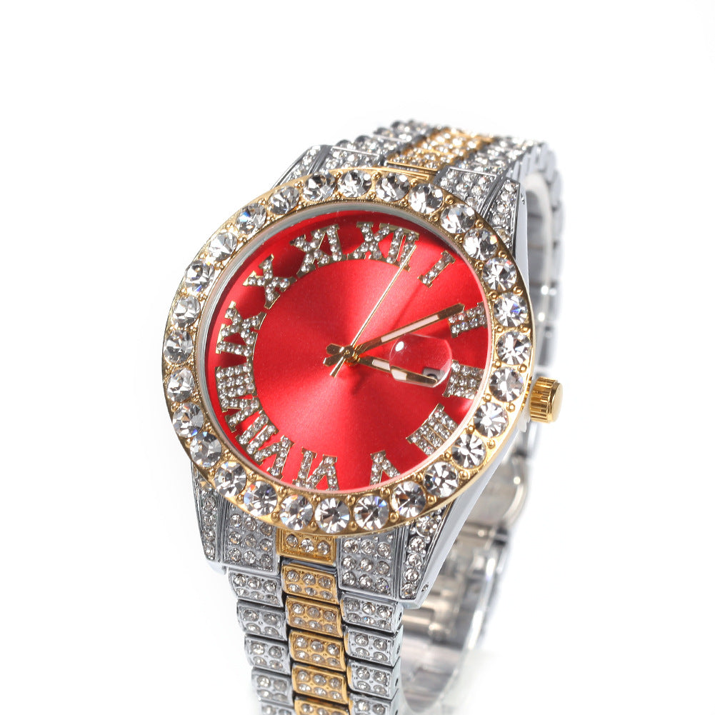 Hip-hop watch with Roman numerals and diamonds, large dial