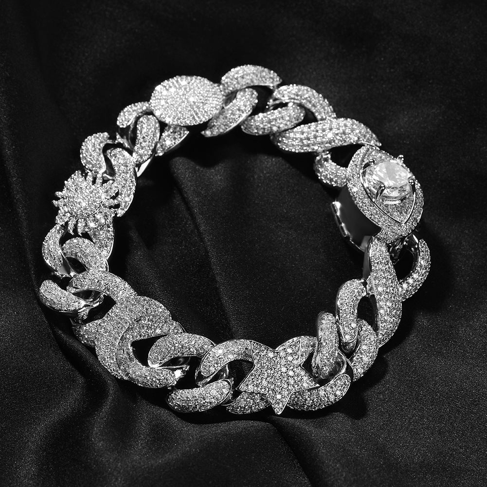 Hip-hop zircon-encrusted sun, star and eye necklace