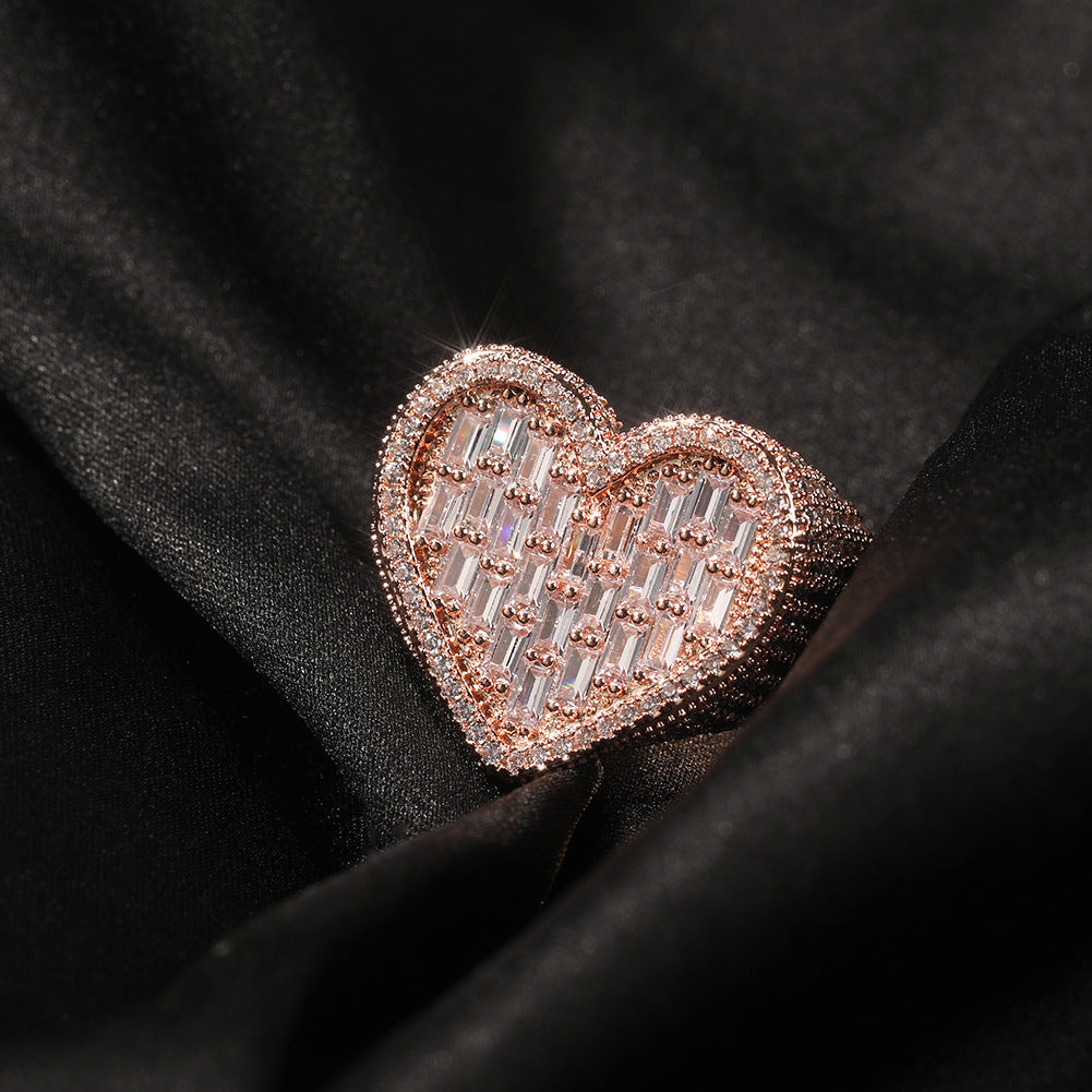 Hip-hop T-square heart-shaped zircon ring