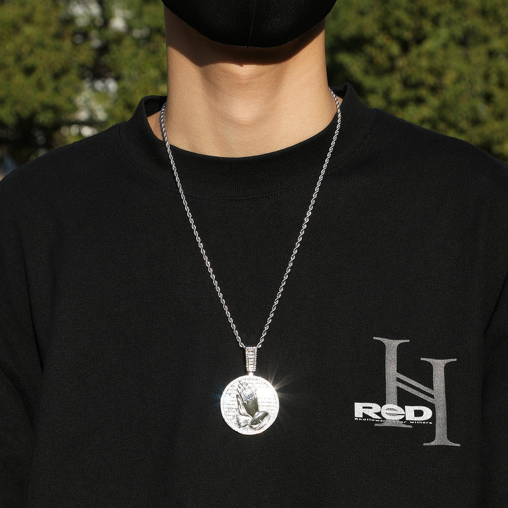 Hip-hop round disc zircon-encrusted praying hands pendant