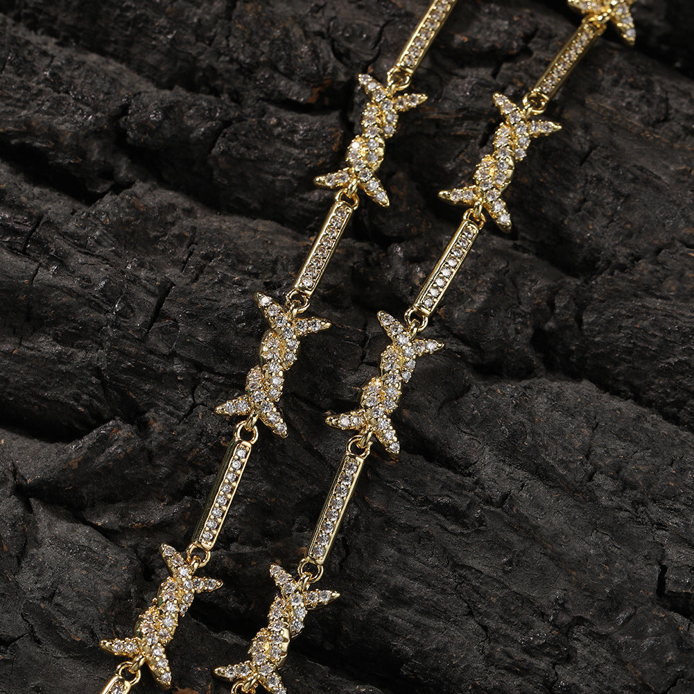 Hiphop zircon-encrusted barbed wire necklace