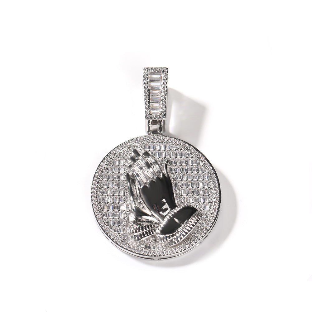 Hip-hop round disc zircon-encrusted praying hands pendant