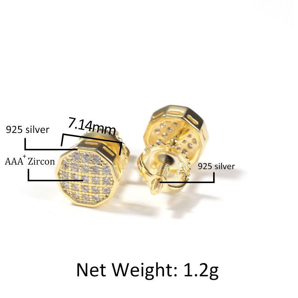 Hip Hop diamond-encrusted 925 silver stud earrings