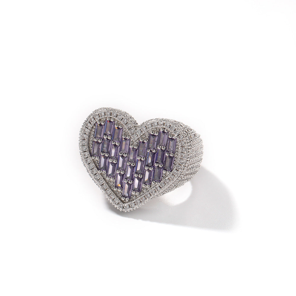 Hip-hop T-square heart-shaped zircon ring
