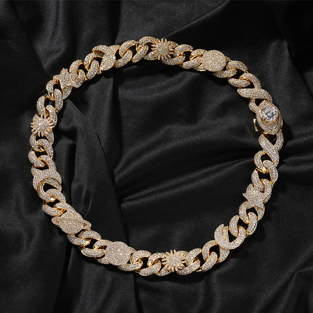 Hip-hop zircon-encrusted sun, star and eye necklace
