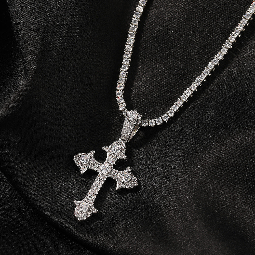 Hip-Hop Diamond-Encrusted Zircon Cross Necklace