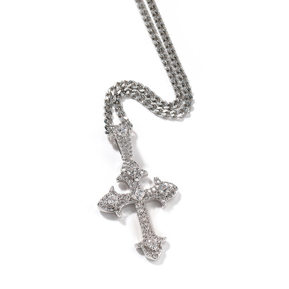 Hip-Hop Diamond-Encrusted Zircon Cross Necklace