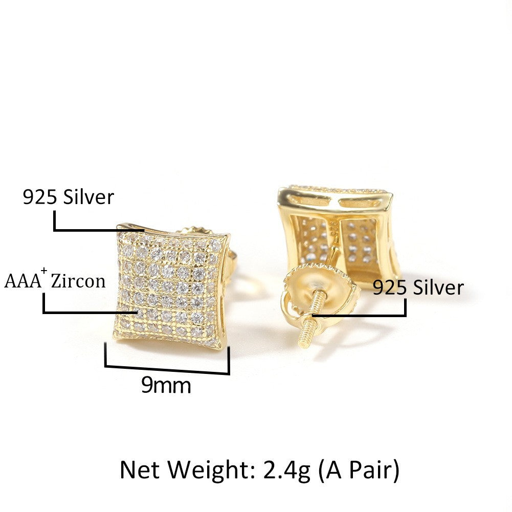 Hip Hop diamond-encrusted 925 silver stud earrings
