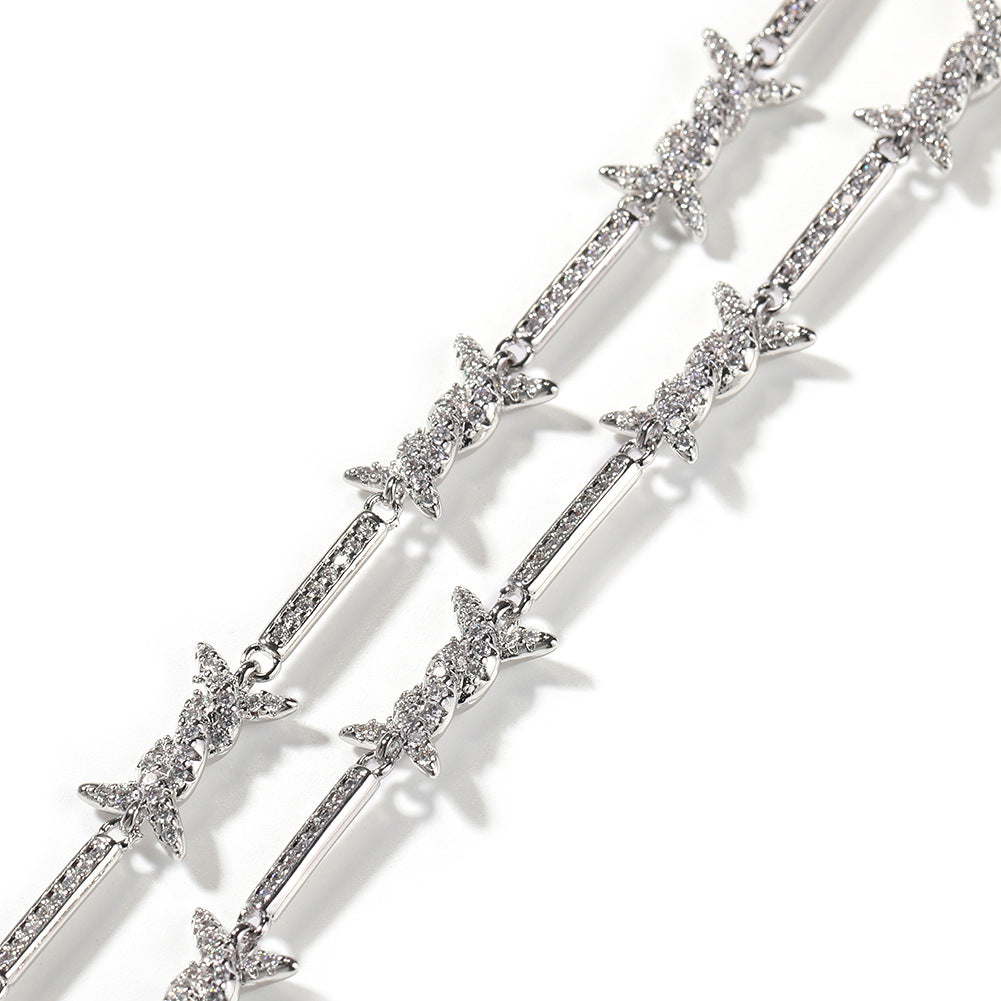Hiphop zircon-encrusted barbed wire necklace