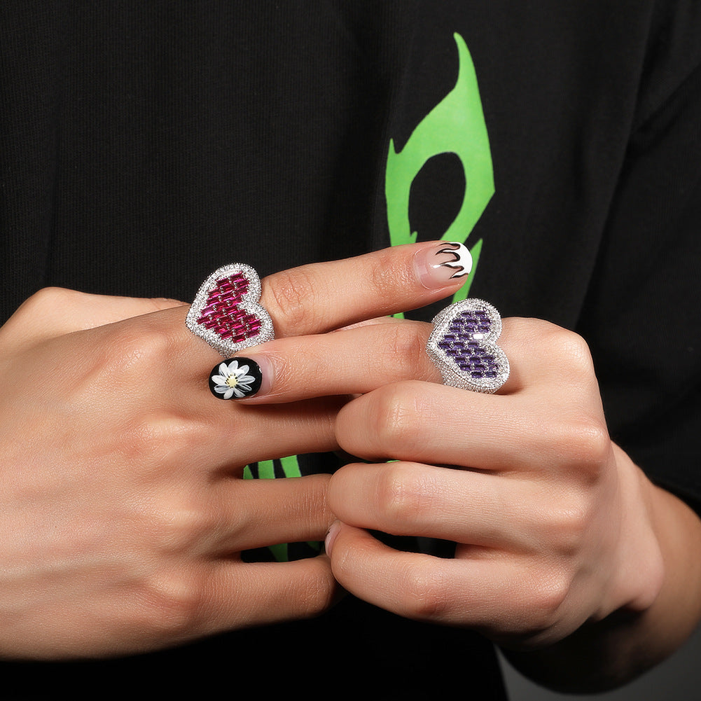 Hip-hop T-square heart-shaped zircon ring