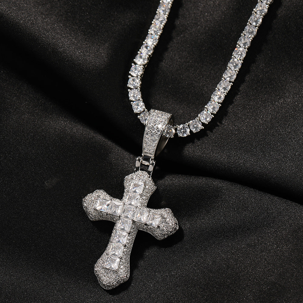 Hip-hop copper-inlaid purple zircon cross necklace