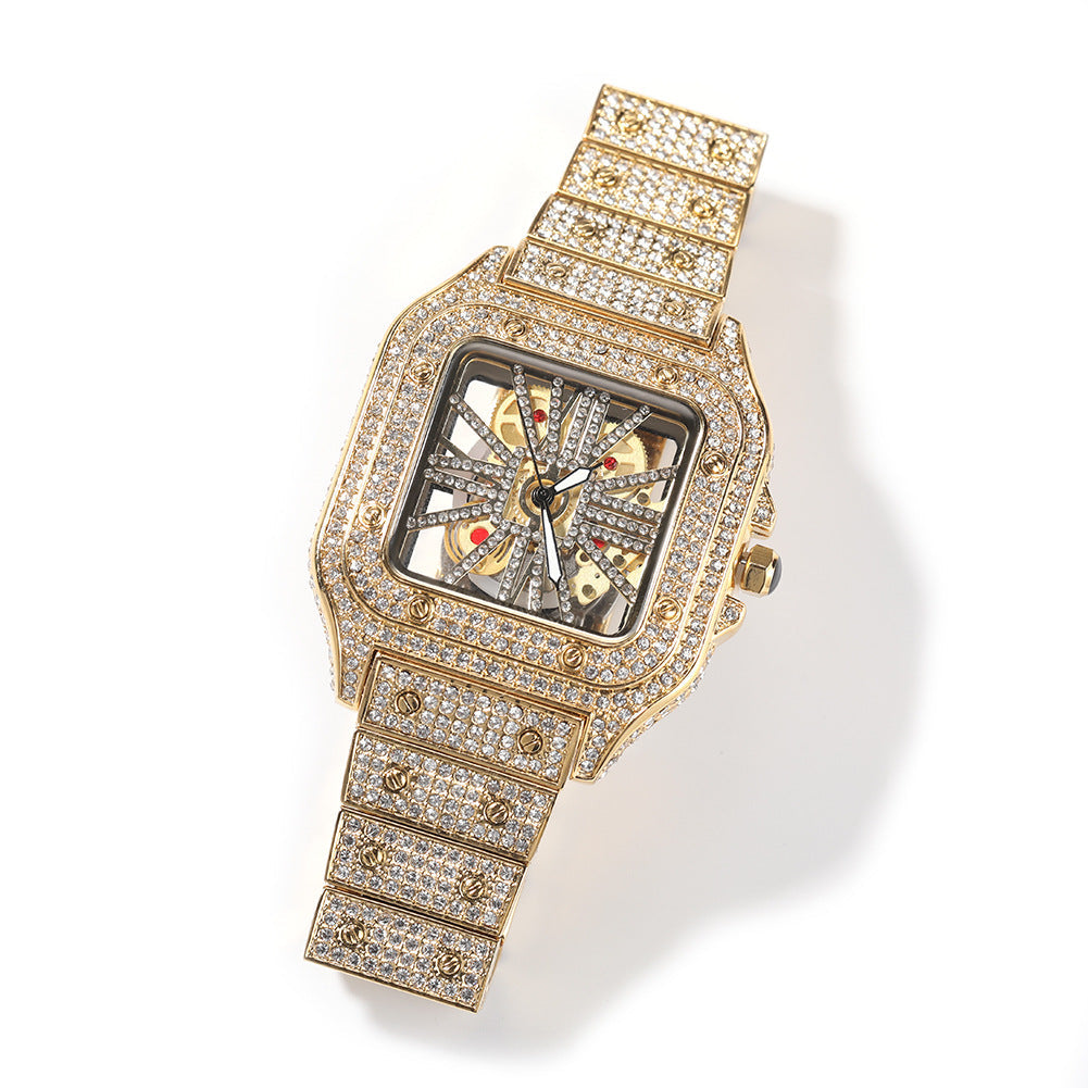Hip-hop diamond-encrusted hollowed-out square watch