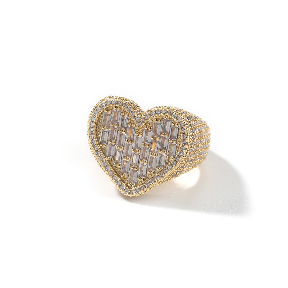 Hip-hop T-square heart-shaped zircon ring