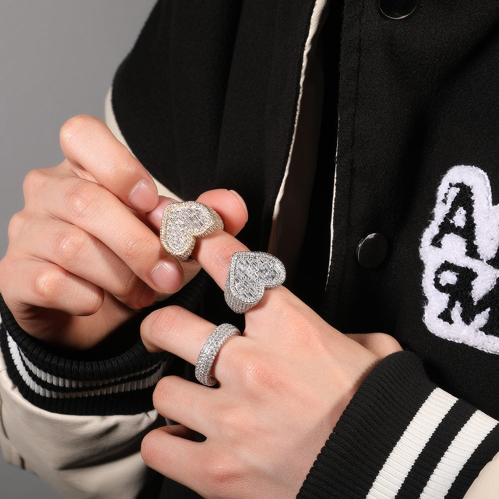 Hip-hop T-square heart-shaped zircon ring