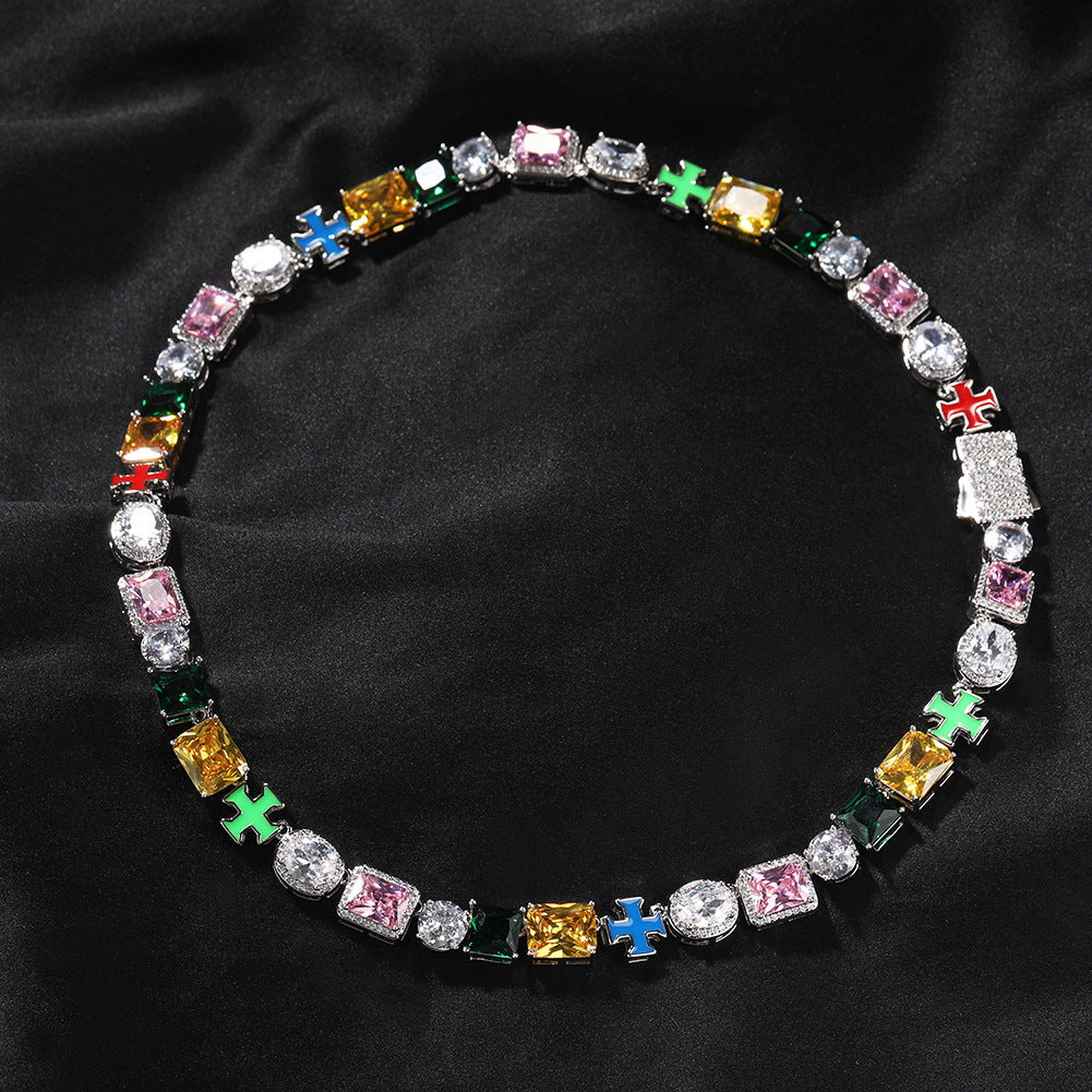 Hip-hop necklace with colorful zircon inlays and a square cross