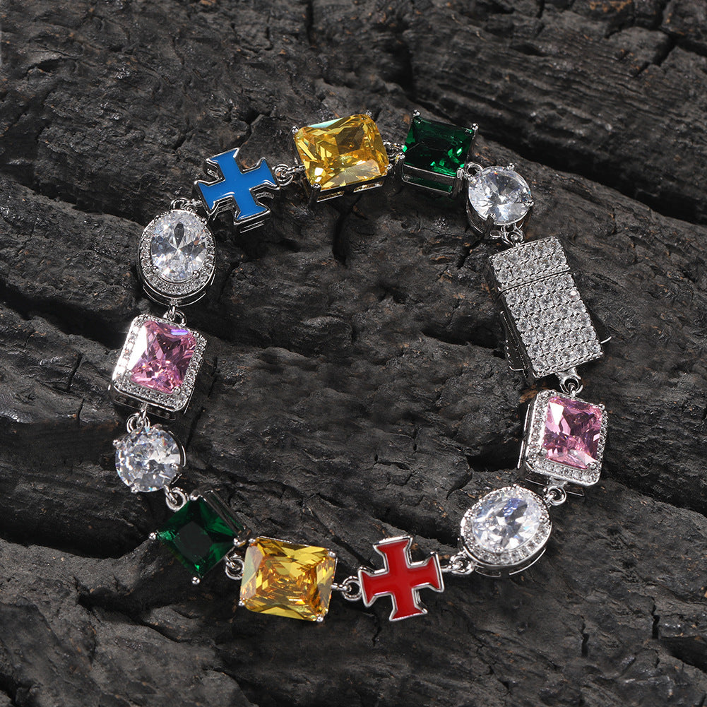 Hip-hop necklace with colorful zircon inlays and a square cross