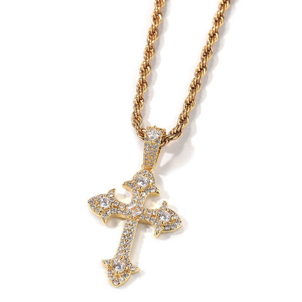 Hip-Hop Diamond-Encrusted Zircon Cross Necklace