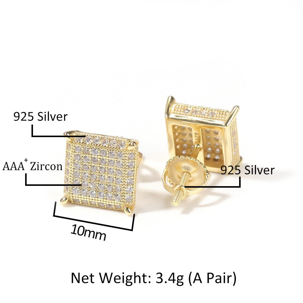 Hip Hop diamond-encrusted 925 silver stud earrings