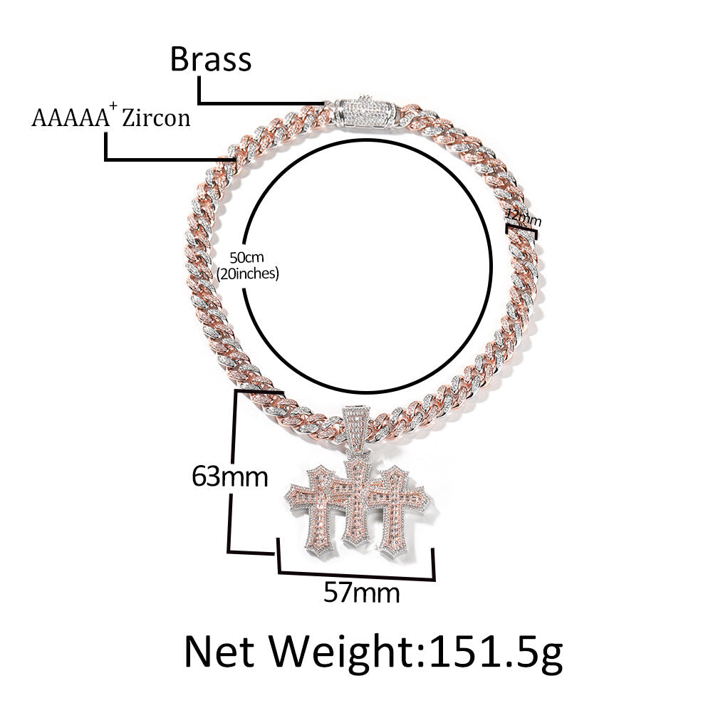 Hip-hop diamond-encrusted zircon three-cross Cuban necklace