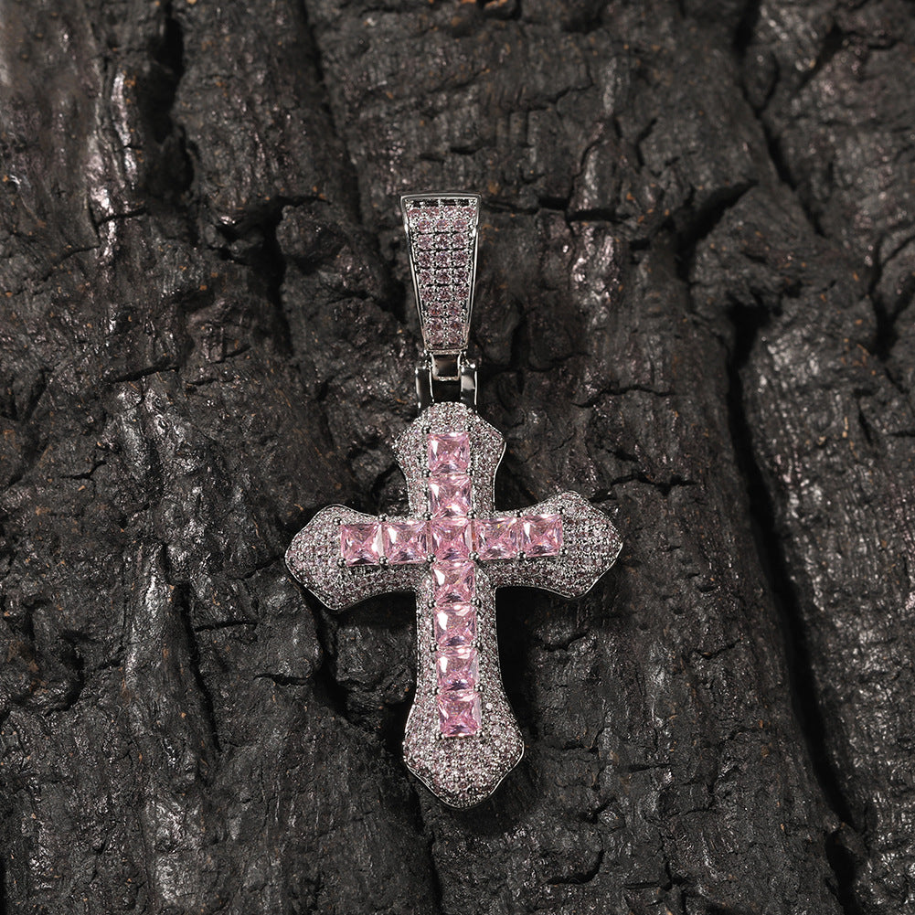 Hip-hop copper-inlaid purple zircon cross necklace