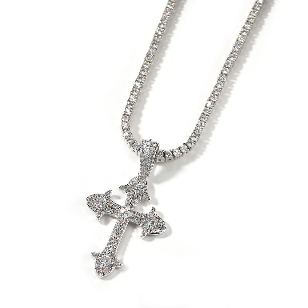 Hip-Hop Diamond-Encrusted Zircon Cross Necklace