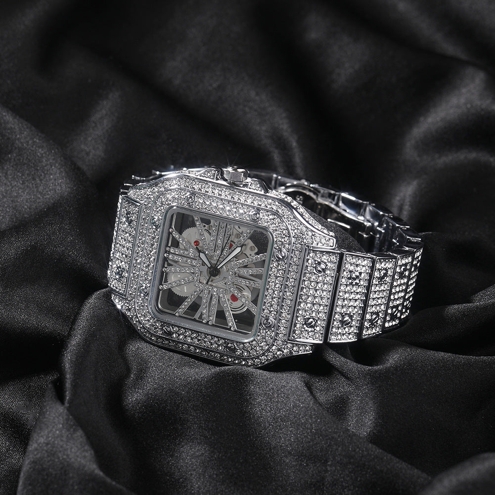Hip-hop diamond-encrusted hollowed-out square watch