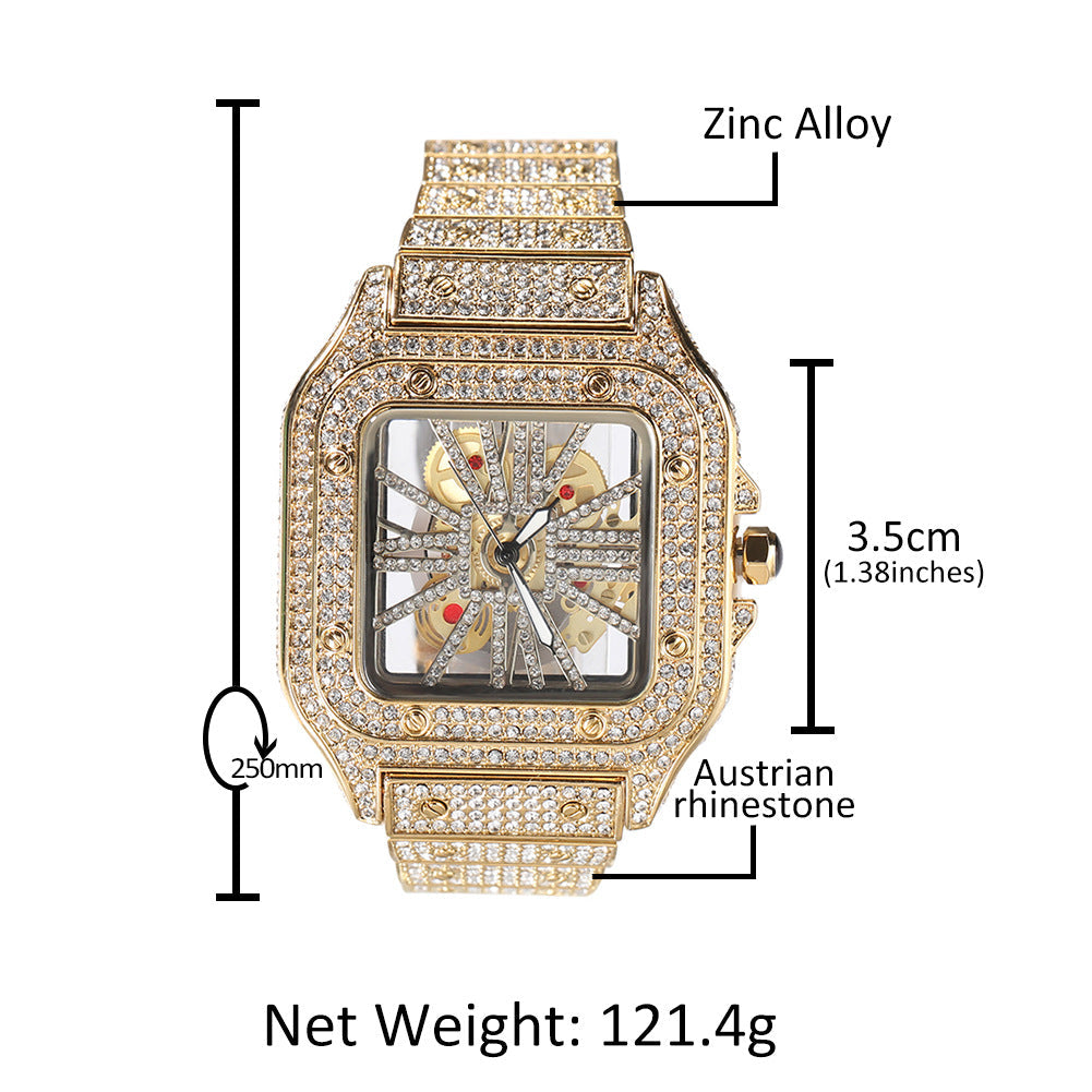 Hip-hop diamond-encrusted hollowed-out square watch