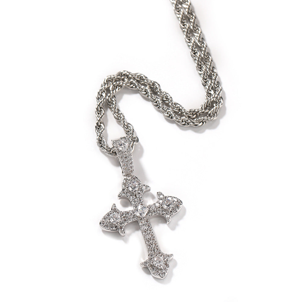 Hip-Hop Diamond-Encrusted Zircon Cross Necklace