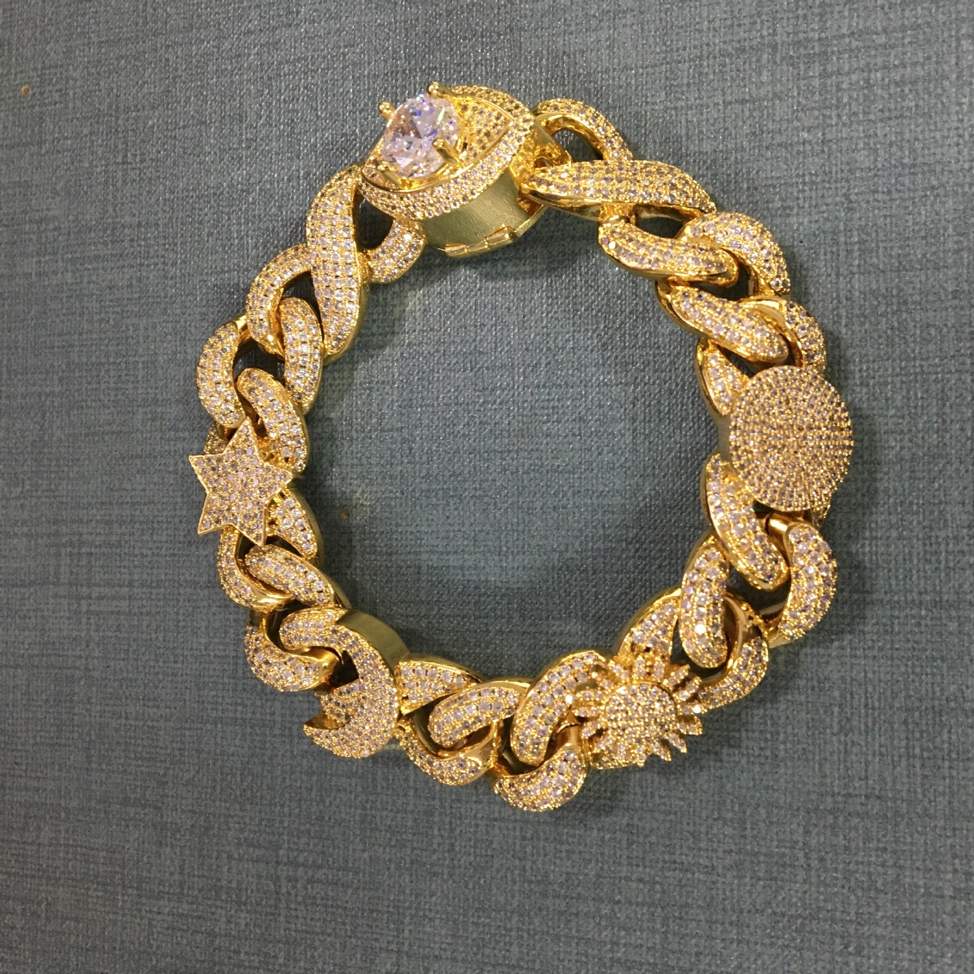 Hip-hop zircon-encrusted sun, star and eye necklace