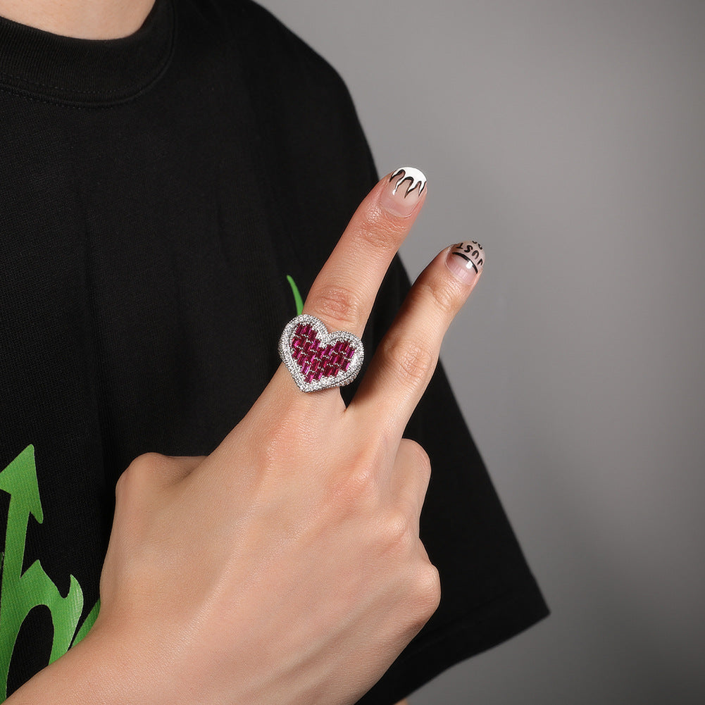 Hip-hop T-square heart-shaped zircon ring