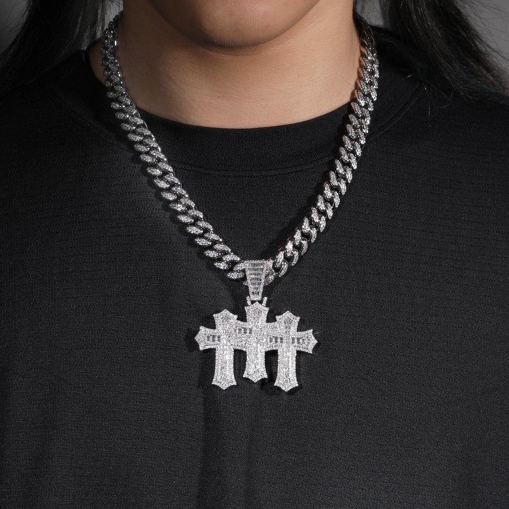 Hip-hop diamond-encrusted zircon three-cross Cuban necklace