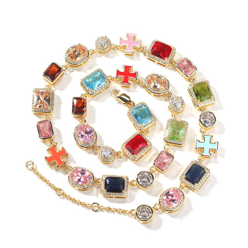 Exquisite diamond-encrusted colored gemstone bracelet and necklace