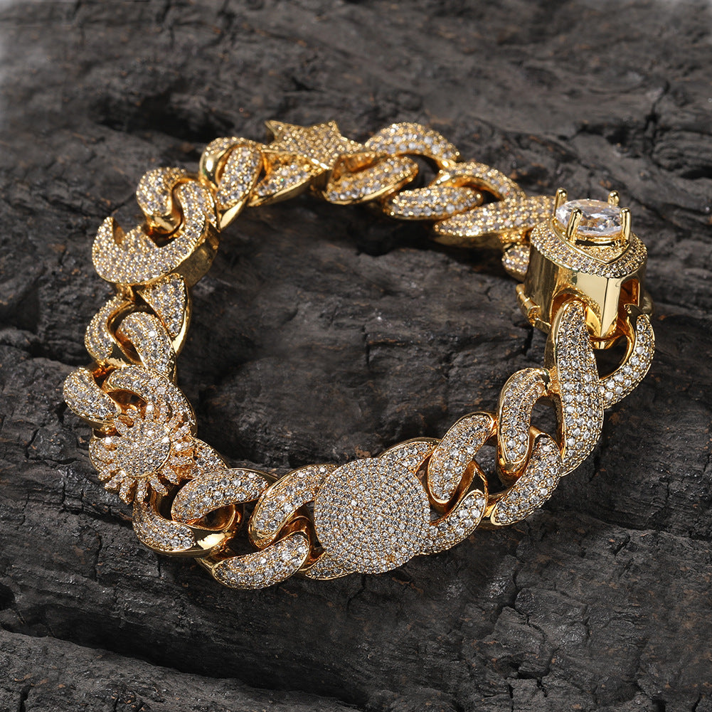 Hip-hop zircon-encrusted sun, star and eye necklace