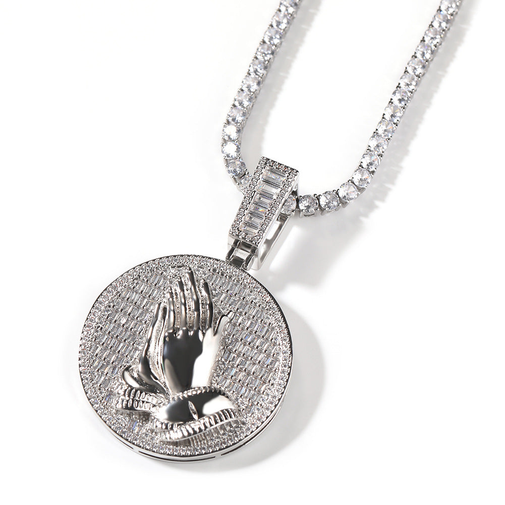 Hip-hop round disc zircon-encrusted praying hands pendant