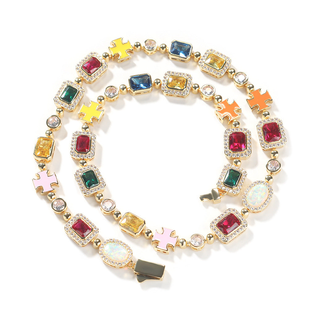 Hip-hop diamond multi-colored gemstone necklace