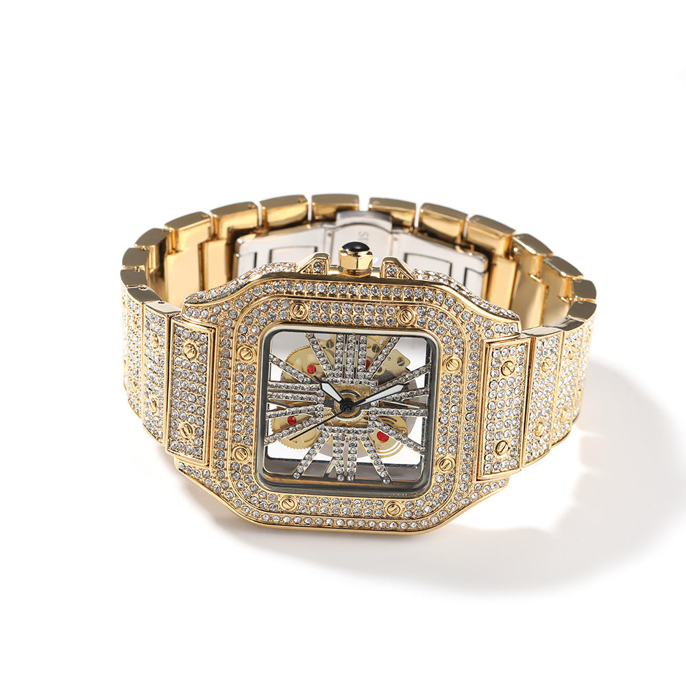 Hip-hop diamond-encrusted hollowed-out square watch