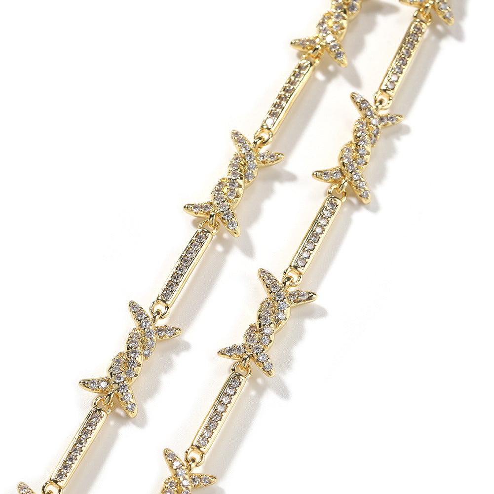 Hiphop zircon-encrusted barbed wire necklace