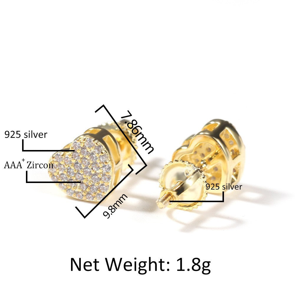 Hip Hop diamond-encrusted 925 silver stud earrings